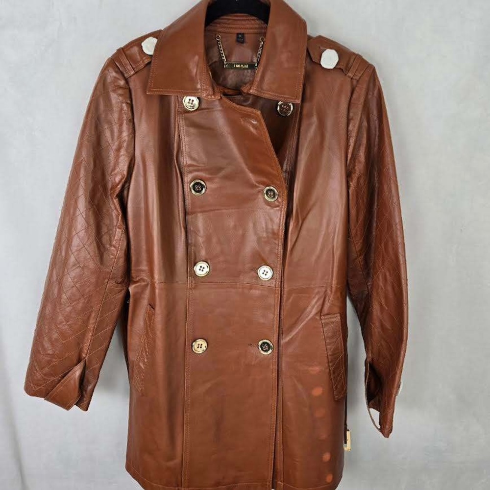 Women's Brown Leather Double-Breasted Trench Coat - Picture 2 of 11